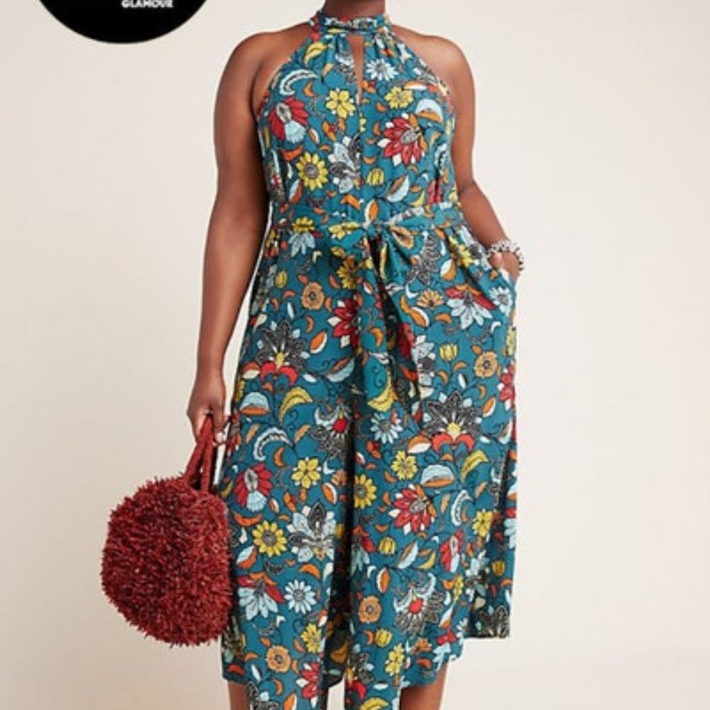 Anthropologie Green Geneva Halter Jumpsuit 1X